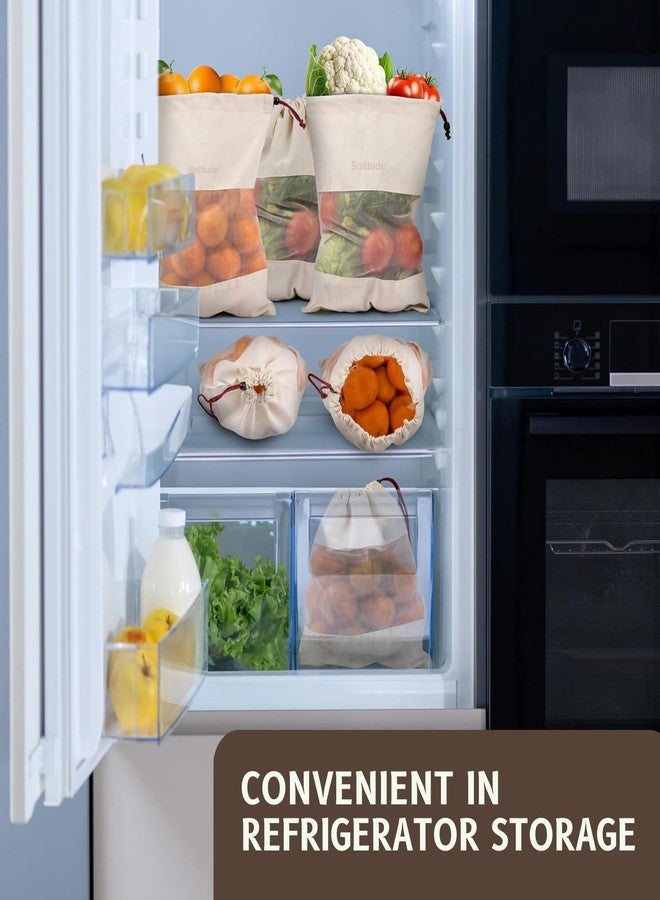 Solitude Set of 12 Cotton Vegetable Bags Fridge Storage Bag Sabji Fruits Pouch Refrigerator Produce Muslin Reusable Washable & Multipurpose use Cloth Bags with Drawstrings - Image 5